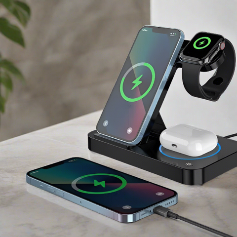 100W Wireless Charging Dock capable of charging multiple devices simultaneously, including iPhone, Apple Watch, AirPods, and Samsung Galaxy, featuring a sleek, foldable design.