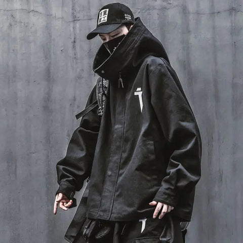 Person wearing the Urban Samurai High Collar Streetwear Jacket in white, featuring a unique high collar design, accessorized with a matching cap and shoulder bag against a concrete background.