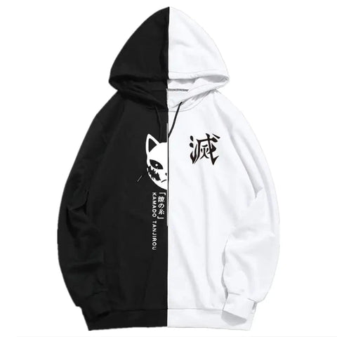 Black and white split 'Demon Slayer' hoodie featuring a print of Tanjiro Kamado, with a cozy hood and ribbed cuffs and hem for a comfortable and stylish fit.