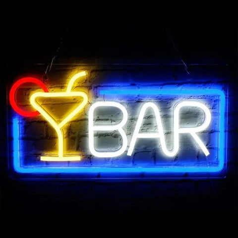 Bar Here Vintage Neon Sign - A vibrant LED neon sign in yellow, red, blue, and white, perfect for adding a retro touch to bars, restaurants, and hotels.