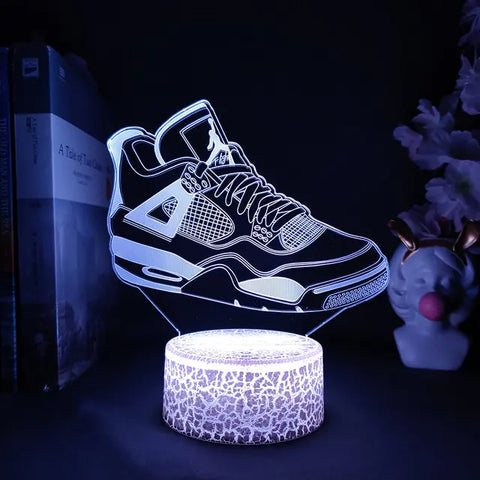 Unique Sneakerhead Hologram Night Lamp featuring a realistic 3D sneaker design with multi-color LED lights, perfect for desks, bedside tables, and shelves.