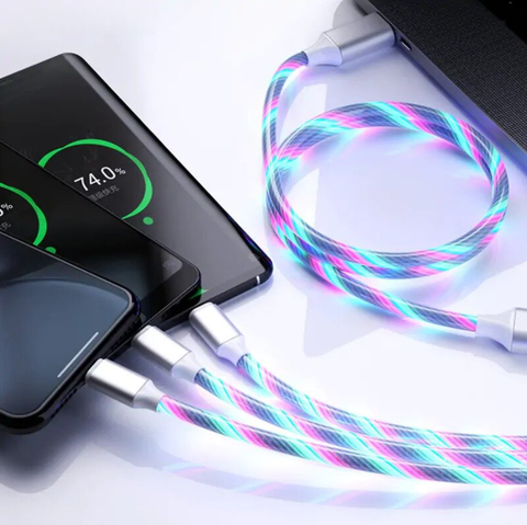 Futuristic LED Charging Cable with a vibrant flowing LED design, compatible with USB Type C, Micro USB, and iPhone devices, offering super fast charging for all your gadgets