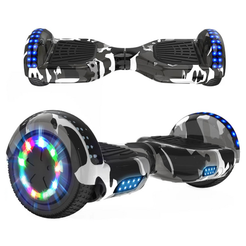 RCB 6.5-inch Smart Hoverboard with multicolored LED lights, Bluetooth connectivity, and dual motors for enhanced speed and maneuverability. Certified for safety and built to support riders up to 100KG.