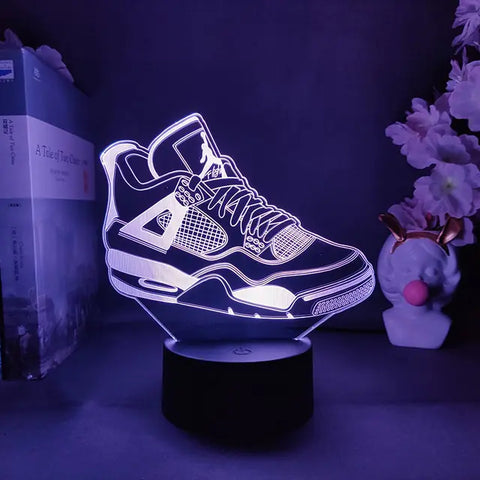 Unique Sneakerhead Hologram Night Lamp featuring a realistic 3D sneaker design with multi-color LED lights, perfect for desks, bedside tables, and shelves.