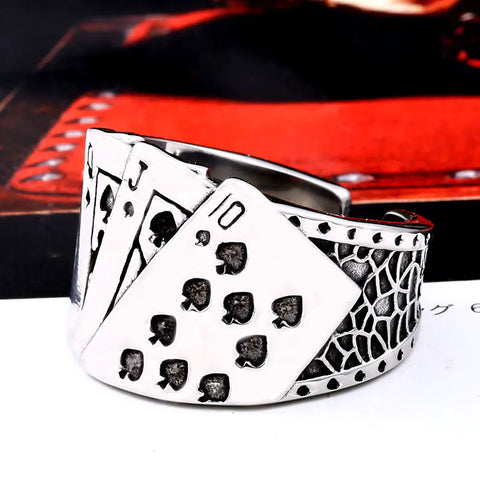 King Poker Gothic Men's Ring featuring a bold poker hand design, made from 316L stainless steel with an option of silver, black, or golden plating, perfect for showcasing a rebellious style.