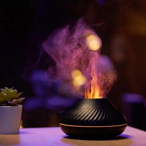 Lavish Multi-Color Air Diffuser featuring 7 colorful flames, ultra-silent operation, essential oil compatibility, and USB rechargeable design for a stylish and serene atmosphere.