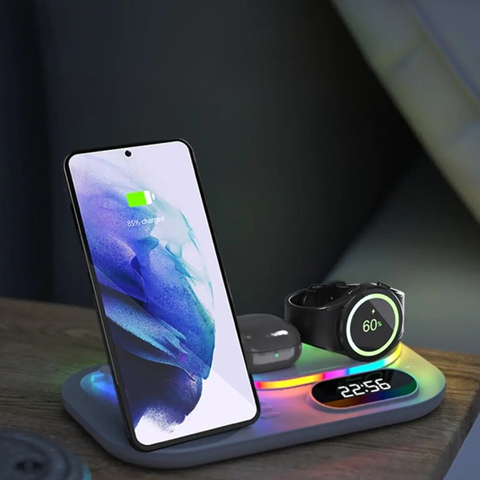 Next-Gen Active Charger with RGB lighting and efficient cooling system, capable of wirelessly charging multiple devices including smartphones, Galaxy Watch, and earbuds simultaneously.