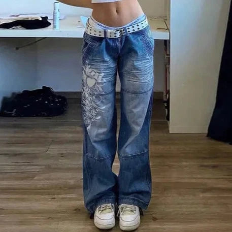 Vintage Print Baggy Cargo Jeans