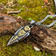 Valknut Gungnir Necklace featuring Odin's Spear with Rune Symbol and Ravens of Odin, adorned with a mesmerizing Labradorite gem, lying on a mossy surface.