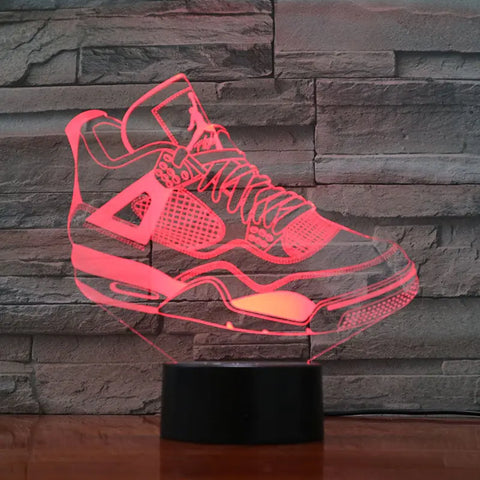 Unique Sneakerhead Hologram Night Lamp featuring a realistic 3D sneaker design with multi-color LED lights, perfect for desks, bedside tables, and shelves.