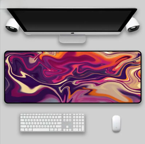 Stylish and vibrant 'Art Strata' mouse pad with abstract design in shades of blue, green, and purple on a black background, perfect for enhancing any workspace.