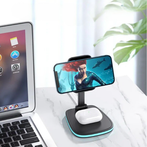 Experience the ultimate convenience with the Ultra-Fast 2-in-1 Charging Station. This foldable, high-speed wireless charger delivers 15W output, powering your iPhone, Apple Watch, and AirPods simultaneously. Perfect for home, office, or travel.