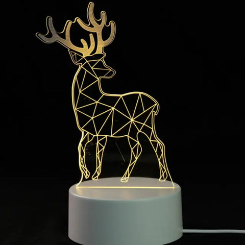 3D Hologram LED Lamp in the shape of a geometric deer, featuring color-changing modes and a USB plug-in, providing a modern and stylish touch to any room.