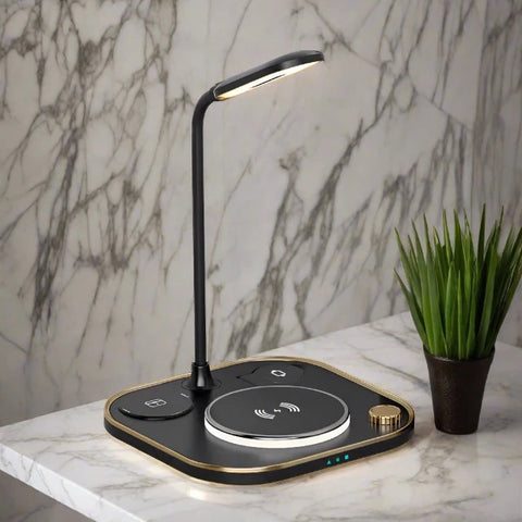 ZenGlow Desk Lamp Charger with wireless charging capabilities for iPhone, Apple Watch, and AirPods, featuring a sleek black and gold design with an integrated adjustable lamp for a stylish and efficient workspace solution.