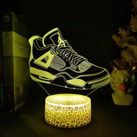 Unique Sneakerhead Hologram Night Lamp featuring a realistic 3D sneaker design with multi-color LED lights, perfect for desks, bedside tables, and shelves.