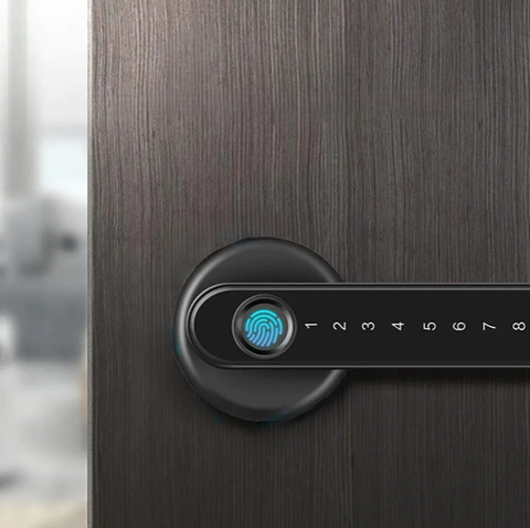 Upgrade your home security with the A-Safe Fingerprint Tech Door Lock, showcasing a sleek black design and multiple unlocking options for enhanced protection.