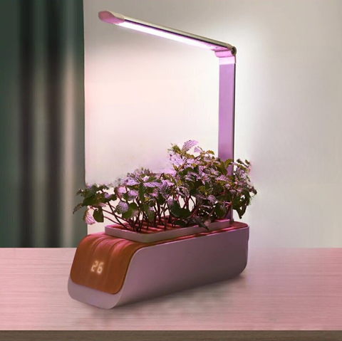 Auto-Growth Smart Flower Pot with built-in LED growth lights, automatic watering system, and a sleek modern design, showcasing healthy plants growing indoors on a table.