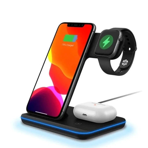 3 in 1 Wireless Charger Station for iPhone, Apple Watch, and AirPods, featuring a sleek design with built-in magnetic chargers, perfect for a clutter-free and efficient charging setup.