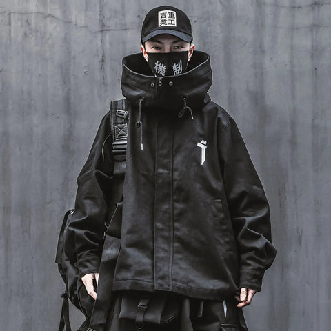 Person wearing the Urban Samurai High Collar Streetwear Jacket in white, featuring a unique high collar design, accessorized with a matching cap and shoulder bag against a concrete background.