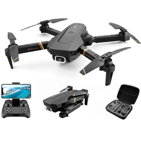 4DRC V4 FPV Drone featuring foldable arms, dual cameras, and a remote control, shown with its compact carrying case, perfect for capturing aerial photos and videos.