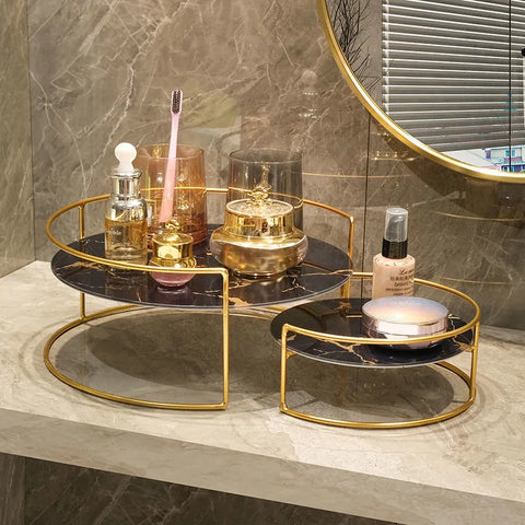 Luxury Marble Glass Storage Stand with elegant marble-style glass bottom and durable metal frame, perfect for organizing toiletries and cosmetics in a glamorous bathroom.