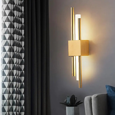 Hikari Japanese Modern Wall Lamp featuring a sleek design with vertical iron and acrylic elements, installed on a wall and illuminating a contemporary living space with warm, stylish light.