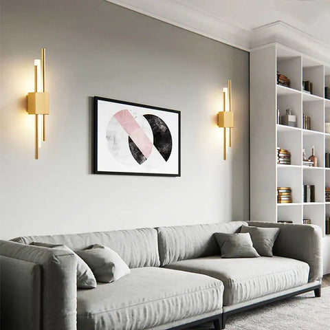 Hikari Japanese Modern Wall Lamp featuring a sleek design with vertical iron and acrylic elements, installed on a wall and illuminating a contemporary living space with warm, stylish light.