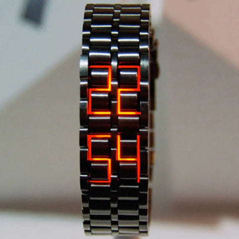 Creative Lava LED Watch featuring a unique lava-inspired LED display with a sleek metal band, combining retro style with modern technology.