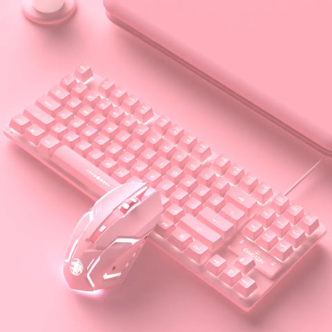 Cute Candy Pink Wired Keyboard and Mouse Set featuring a vibrant pink color, 87-key layout, and ergonomic design, perfect for gaming or office use.