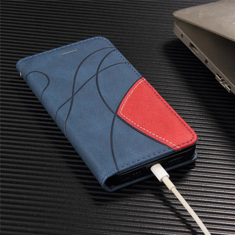 Elegant iPhone Leather Wallet Case with a stylish blue and red design, featuring magnetic closure, anti-fingerprint coating, and soft microfiber lining for enhanced protection.