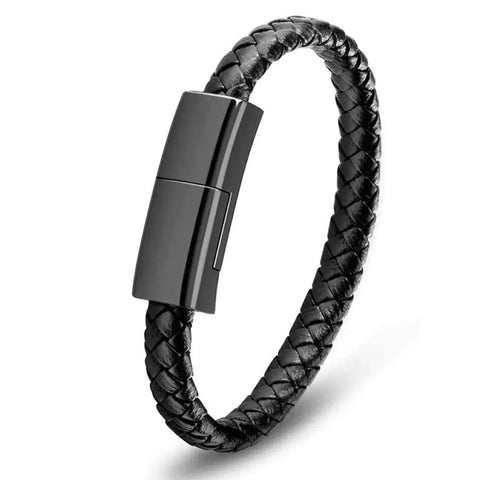 Charging Cable Tech Bracelet made from durable leather, designed for fast and convenient phone charging with universal compatibility, available in 20cm and 22.5cm lengths.