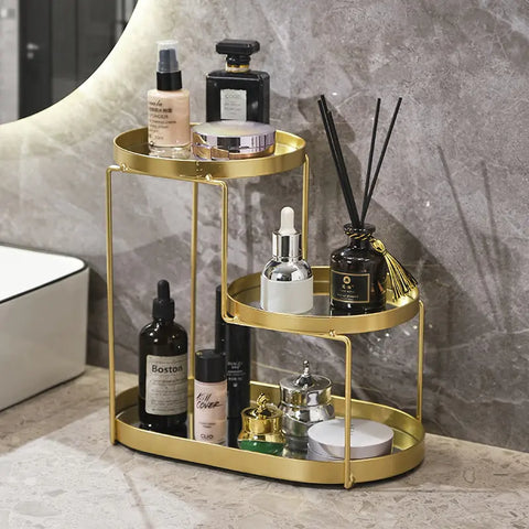 Premium White Marble Organizer Stand featuring a multi-tier design with a sleek metal frame and white marble finish, neatly holding various cosmetics and toiletries on a bathroom countertop.