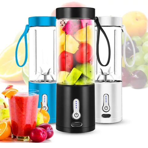 High-quality portable juice blender in blue, black, and white, filled with colorful fruit, shown alongside a freshly made fruit juice in a glass, highlighting its versatility and compact design.