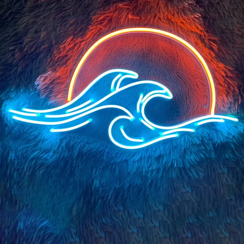 A vibrant "Rouge Wave" Modern Art Neon Sign featuring a stylized wave and sun, illuminated in bright red and white LED lights, adding a dynamic and artistic touch to any space.