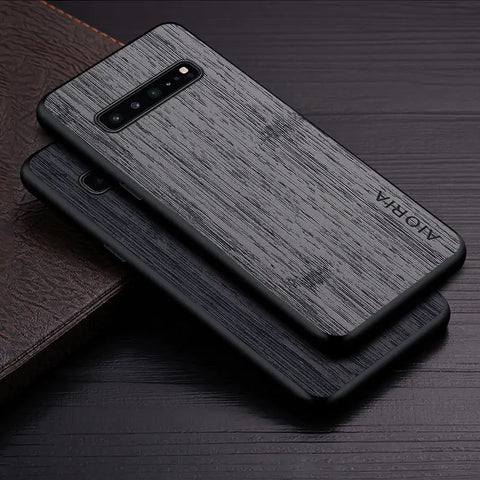 Premium Leather Phone Case with bamboo wood and laser-etched design for Samsung Galaxy S10 Plus, Lite, S10E, and 5G, offering luxury style and robust protection.