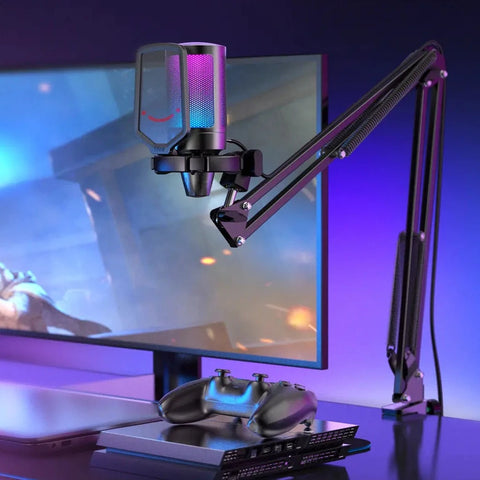 Professional Microphone Studio Kit featuring a cardioid condenser microphone with RGB lighting, boom arm, shock mount, and detachable pop filter, perfect for gaming, streaming, and recording.