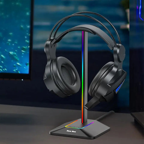 Professional RGB Headset Stand with stylish all-metal design, featuring vibrant RGB lighting and multiple USB and Type-C ports for enhanced gaming setup.