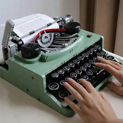 Custom Renovated Vintage Typewriter Set in classic green, featuring 2079 building blocks and a functional keyboard, perfect for nostalgic creativity and display