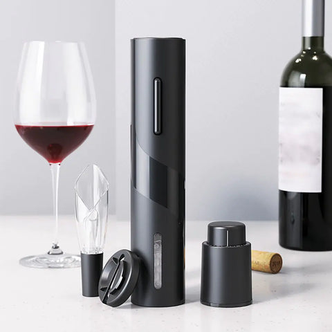 Premium Electric Wine Bottle Opener with one-click operation, rechargeable design, and included foil cutter, perfect for effortless and elegant wine opening