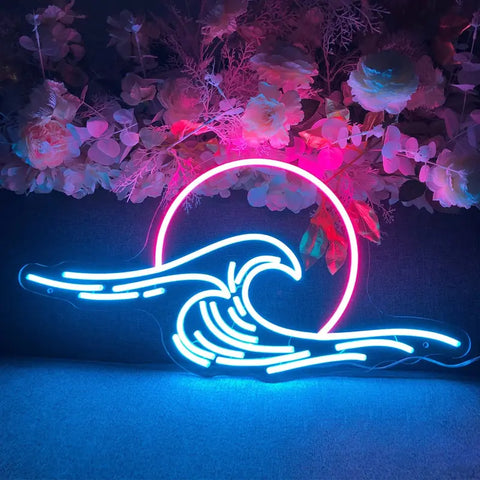 A vibrant "Rouge Wave" Modern Art Neon Sign featuring a stylized wave and sun, illuminated in bright red and white LED lights, adding a dynamic and artistic touch to any space.