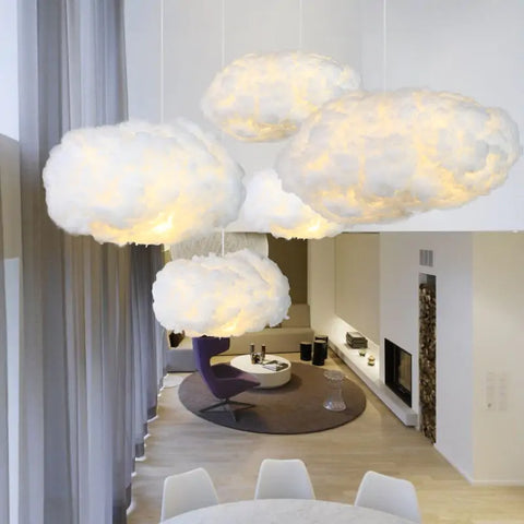 Cloud Pendant Lamps hanging from the ceiling in a modern living space, featuring fluffy, cloud-like light fixtures that create a whimsical and dreamy ambiance.