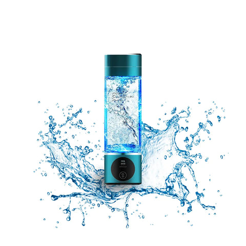 Hydrotech Hydrogen Water Generator bottle with a sleek design, filled with blue hydrogen-enriched water, surrounded by splashing water, emphasizing its refreshing and dynamic hydration benefits.