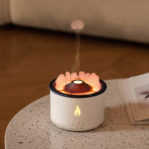 Volcanic Flame Diffuser Humidifier Lamp on a speckled tabletop, emitting a calming volcanic effect and creating a relaxing ambiance in a stylish home setting.